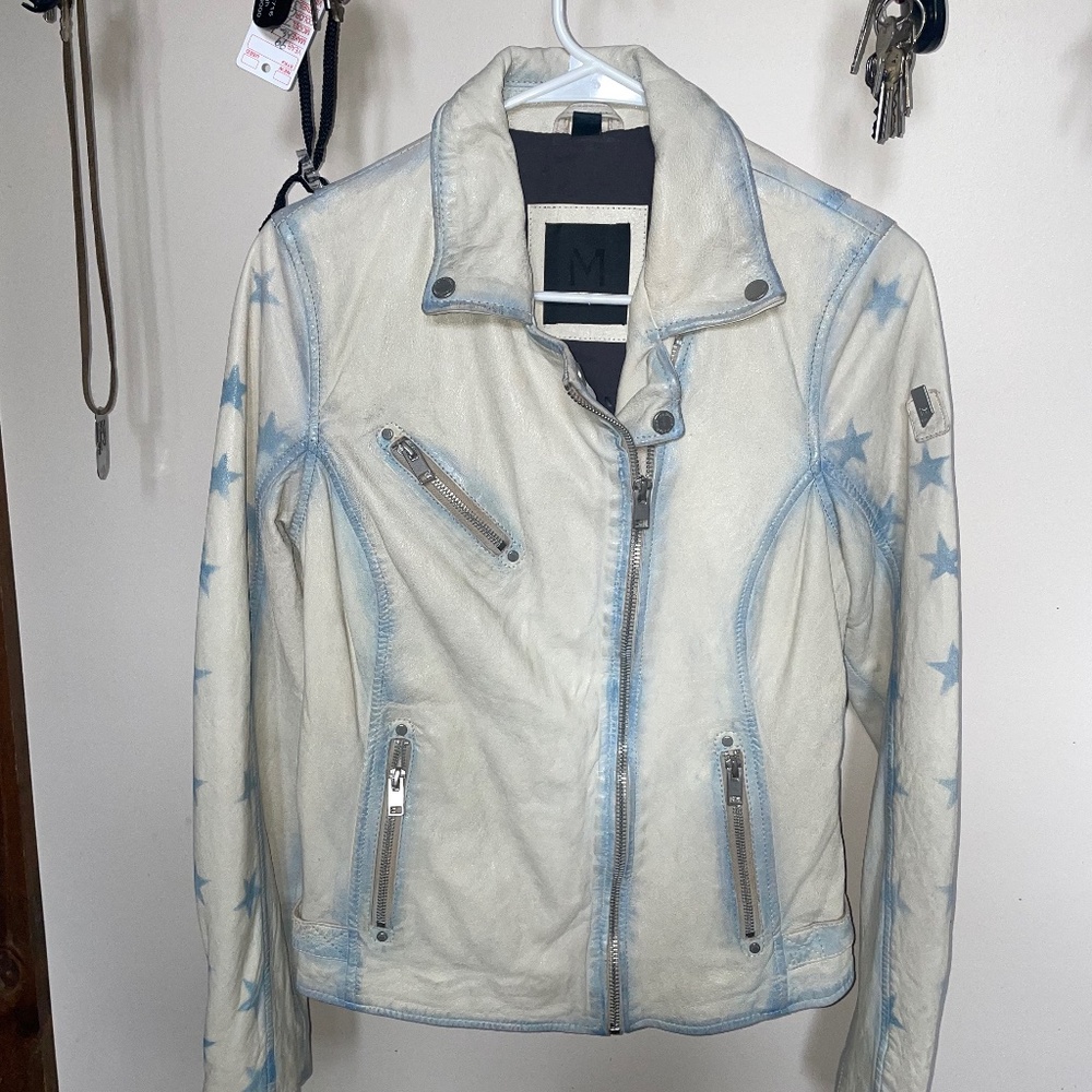 MAURITIUS SOFI STAR OFF-WHITE LEATHER JACKET W/STARS SIZE L FITS LIKE M